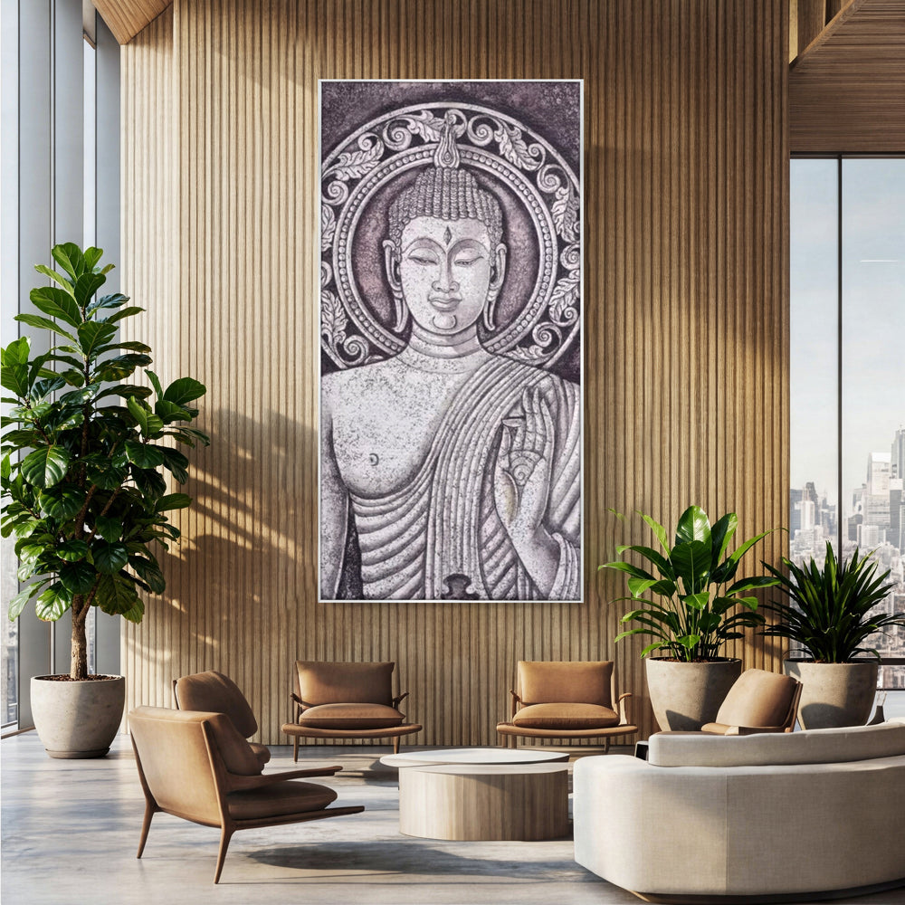 Tablou canvas cu tablou canvas cu chipul lui buddha, in rama de aluminiu argintiu, pe perete intr-un birou